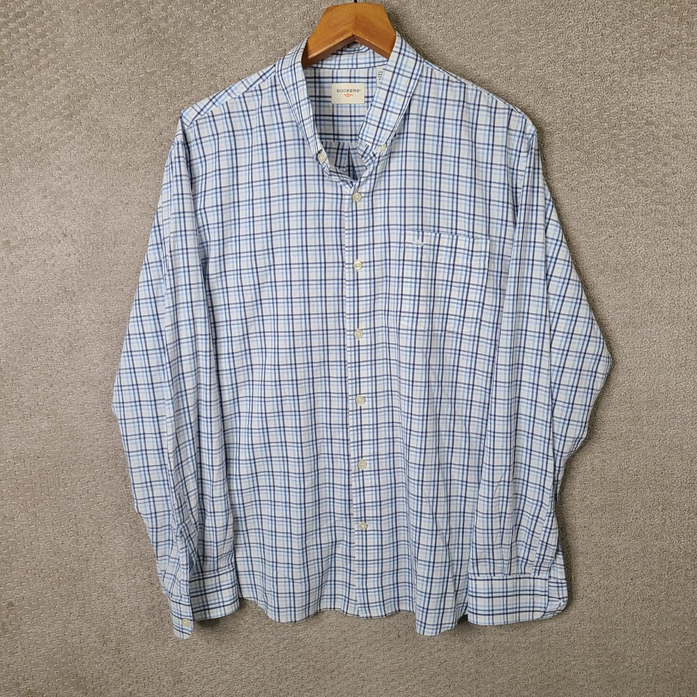 Dockers Shirt Mens XL Blue Plaid Button Down Cotton Blend Long Sleeve Casual